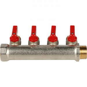 STOUT Коллектор с шаровыми кранами 3/4", 4 отвода 1/2" (красные ручки)