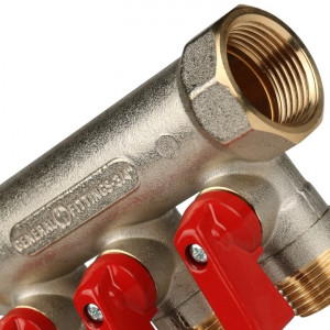 STOUT Коллектор с шаровыми кранами 3/4", 3 отвода 1/2" (красные ручки)