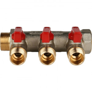 STOUT Коллектор с шаровыми кранами 3/4", 3 отвода 1/2" (красные ручки)