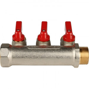 STOUT Коллектор с шаровыми кранами 3/4", 3 отвода 1/2" (красные ручки)